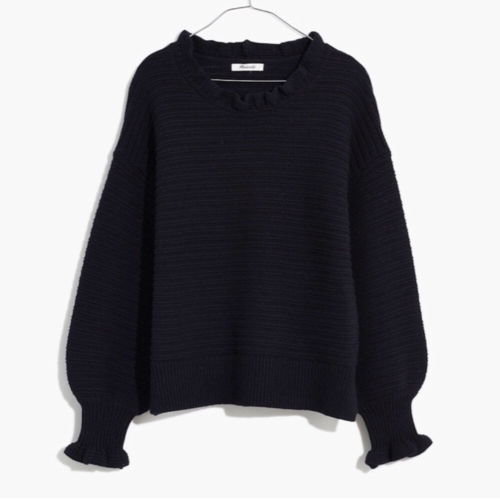 Madewell Ruffle Neck Pullover Knit Wool Blend Sweater in Black Size Medium